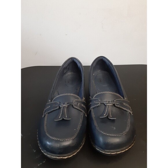 Clarks Collection Leather Slip-On Ultimate Comfort Shoes Ladies 10 Navy Loafers - Picture 3 of 9